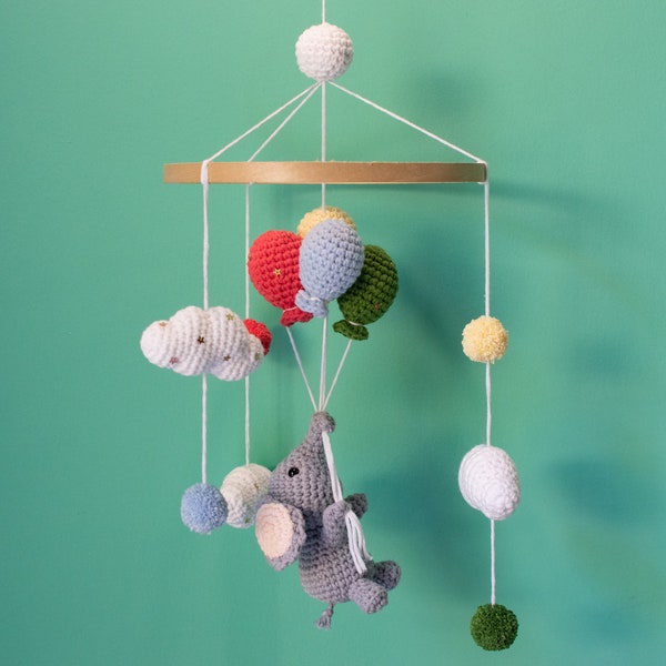 Modèle de mobile pour bébé éléphant et ballons au crochet, motif éléphant au crochet, modèle de mobile éléphant, modèle PDF en anglais (États-Unis) uniquement