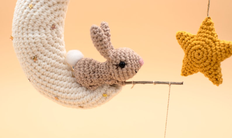 Moon bunny and stars crochet mobile, Bunny on the moon baby mobile, bunny amigurumi baby mobile, PDF pattern in English US only. image 2