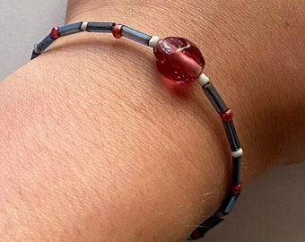 Cranberry Pink and Blue Glass Beaded Bracelet with Lobster Claw Clasp