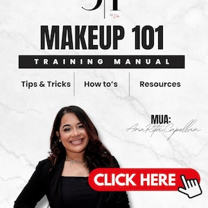 Puede incluir: Una mujer con un blazer negro sonríe a la cámara. El texto "31 BEAUTY BY Rita MAKEUP 101 TRAINING MANUAL Tips & Tricks How to's Resources MUA: Ara Rita Capellan CLICK HERE" se muestra sobre un fondo de mármol blanco.