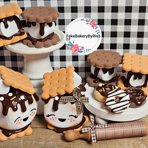 S'more theme,marshmallow cutie, s'more decor,set of smores,s'mores tiered tray, fake smores, smore mini mug