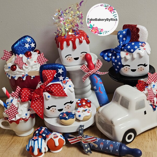 Patriotic theme,Marshmallow Cutie, fake marshmallows, faux marshmallows, tiered tray decor, independence day 4th of july memorial day