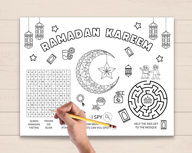 This Ramadan Activity Placemat is a perfect way to keep kids engaged on Iftar table. The PDF has fun Ramadan games and coloring. Print as many as you like.