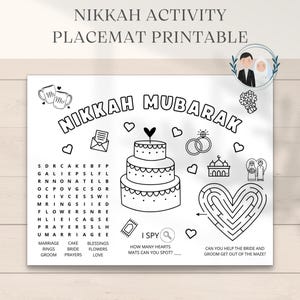 Nikkah Activity Placemat, Nikkah Coloring, Muslim wedding, Islamic wedding, Printable Placemat, Activity Placemat, Kids Placemat, Nikkah PDF