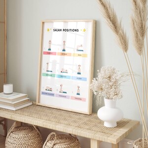 Help children and new learners understand the positions of Salah with this clear and beautifully designed Salah Position Poster. This educational Islamic wall art guides users through each step of the prayer/ Namaz.