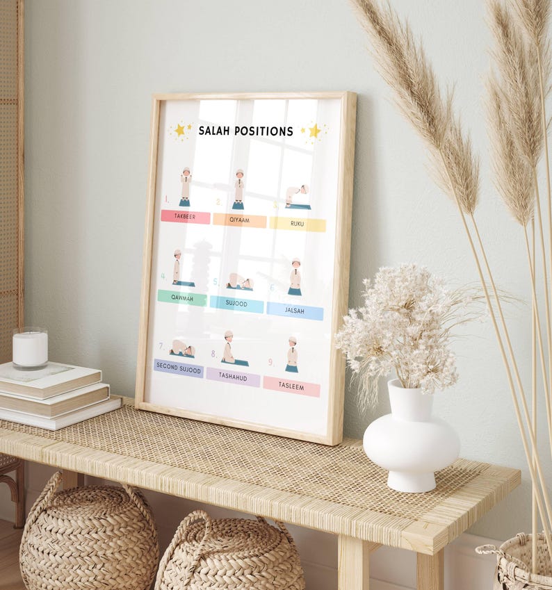 Help children and new learners understand the positions of Salah with this clear and beautifully designed Salah Position Poster. This educational Islamic wall art guides users through each step of the prayer/ Namaz.