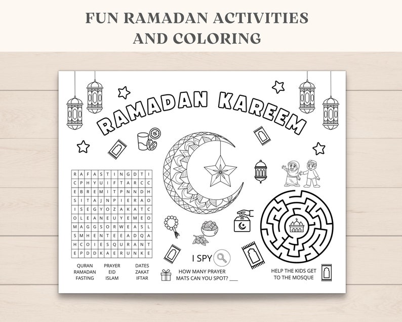 This Ramadan Activity Placemat is a perfect way to keep kids engaged on Iftar table. The PDF has fun Ramadan games and coloring. Print as many as you like.