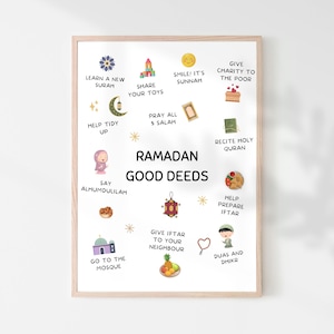 Puede incluir: Un póster imprimible colorido con ilustraciones de buenas acciones para hacer durante el Ramadán. El póster incluye frases como "Aprender una nueva sura", "Compartir tus juguetes", "¡Sonríe! Es Sunnah", "Rezar las 5 oraciones", "Ayudar a ordenar", "Decir Alhumdulillah", "Dar caridad a los pobres", "Recitar el Sagrado Corán", "Ayudar a preparar el Iftar", "Dar Iftar a tu vecino", "Ir a la mezquita", "Duas y Dhikr".