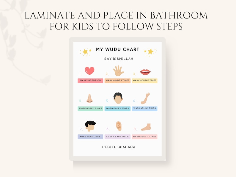 This wudu chart printable is educational tool serves as a step-by-step wudu guide, perfect for teaching children, beginners, or anyone looking to refine their ablution process.
