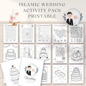 K&ouml;nnte beinhalten: Ein druckbares islamisches Hochzeits-Aktivit&auml;tspaket mit 12 Schwarzwei&szlig;seiten mit Malvorlagen, Wortsuchen, Labyrinthen und einem Wort-Scramble. Die Seiten enthalten Bilder von einer Hochzeitstorte, Ringen, einem Auto und einem Paar.