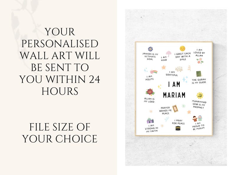 This Custom Islamic Affirmations for Kids printable Islamic  wall art is a wonderful addition to any muslim childs bedroom or playroom.
