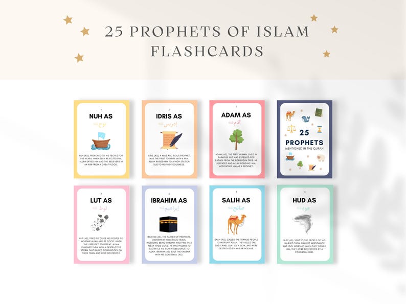 Make learning about the Prophets engaging with these Islamic Prophets Flashcards! These flashcards are a valuable Islamic educational tool to help children memorize and recognize the names and stories of the Prophets mentioned in the Quran.