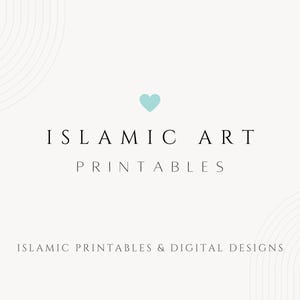 Puede incluir: Un gr&aacute;fico de coraz&oacute;n azul claro con el texto "ISLAMIC ART PRINTABLES" y el lema "ISLAMIC PRINTABLES & DIGITAL DESIGNS" sobre un fondo blanco.