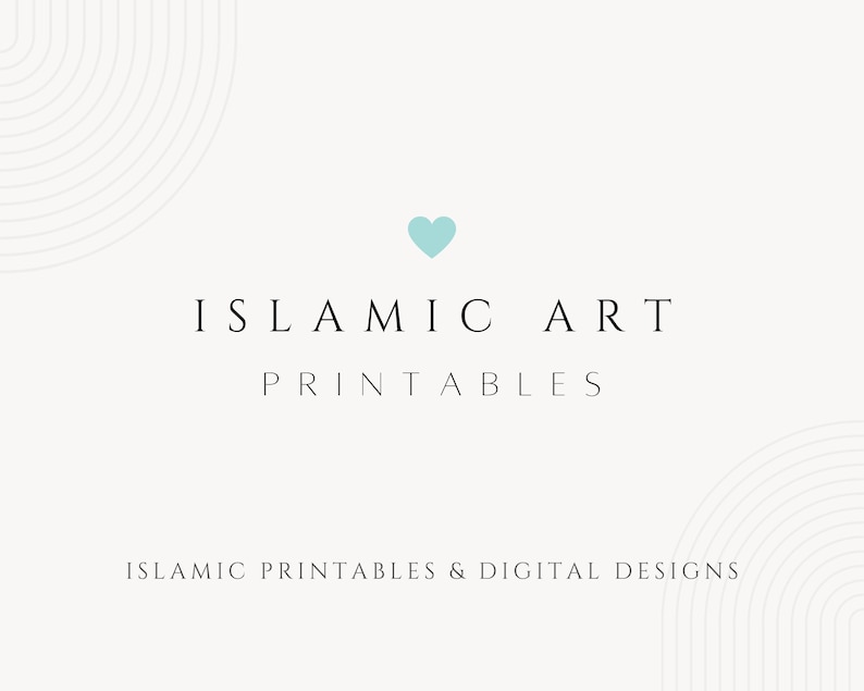 Puede incluir: Un gr&aacute;fico de coraz&oacute;n azul claro con el texto "ISLAMIC ART PRINTABLES" y el lema "ISLAMIC PRINTABLES & DIGITAL DESIGNS" sobre un fondo blanco.