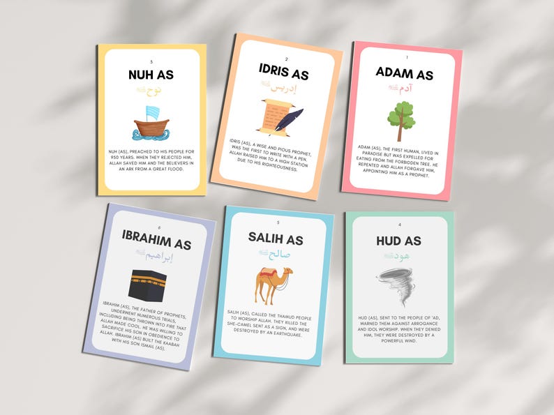 Make learning about the Prophets engaging with these Islamic Prophets Flashcards! These flashcards are a valuable Islamic educational tool to help children memorize and recognize the names and stories of the Prophets mentioned in the Quran.