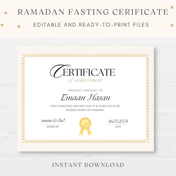 Ramadan Fasting Certificate, First Fast Certificate, Editable Ramadan Certificate, First Roza Certificate, Roza Kushai, Ramadan Keepsake