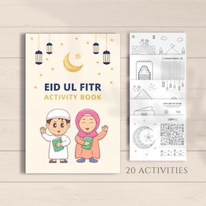 Pode incluir: Um livro de atividades colorido para crianças com duas crianças em roupas tradicionais celebrando o Eid ul Fitr. O livro inclui 20 atividades como caça-palavras, labirintos e eu vejo.