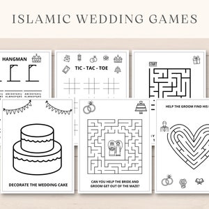 K&ouml;nnte beinhalten: Ein Satz druckbarer islamischer Hochzeitsspiele, darunter Galgenm&auml;nnchen, Tic-Tac-Toe und Labyrinthe. Die Spiele zeigen Hochzeitsmotive wie Ringe, Kuchen und Moscheen.