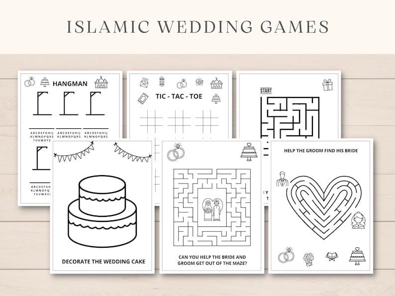 K&ouml;nnte beinhalten: Ein Satz druckbarer islamischer Hochzeitsspiele, darunter Galgenm&auml;nnchen, Tic-Tac-Toe und Labyrinthe. Die Spiele zeigen Hochzeitsmotive wie Ringe, Kuchen und Moscheen.