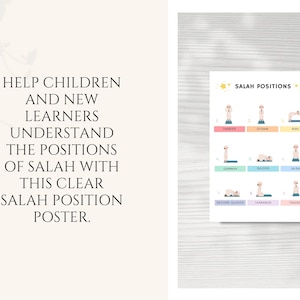 Help children and new learners understand the positions of Salah with this clear and beautifully designed Salah Position Poster. This educational Islamic wall art guides users through each step of the prayer/ Namaz.