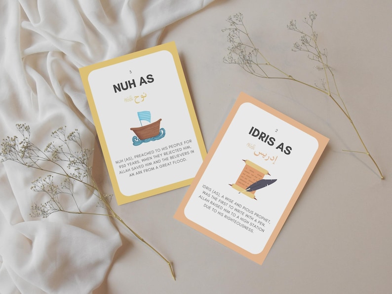 Make learning about the Prophets engaging with these Islamic Prophets Flashcards! These flashcards are a valuable Islamic educational tool to help children memorize and recognize the names and stories of the Prophets mentioned in the Quran.
