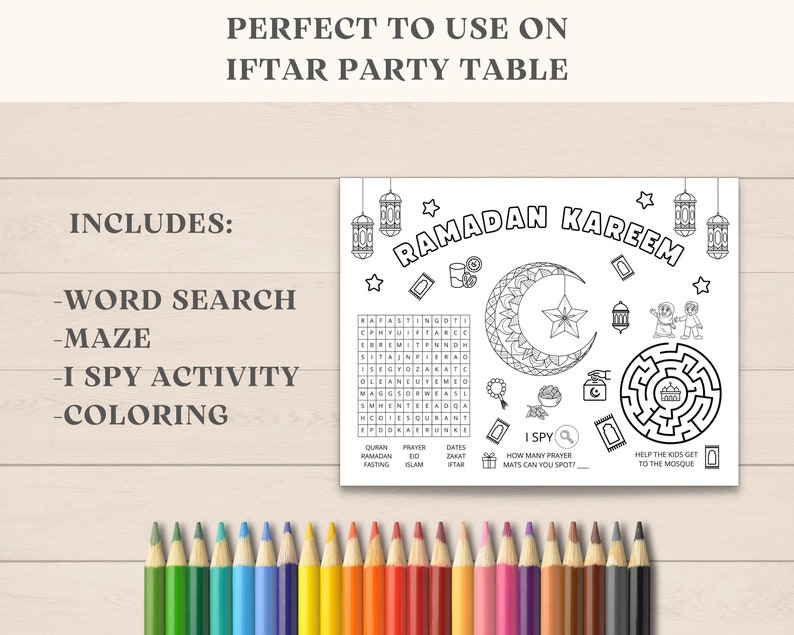 This Ramadan Activity Placemat is a perfect way to keep kids engaged on Iftar table. The PDF has fun Ramadan games and coloring. Print as many as you like.