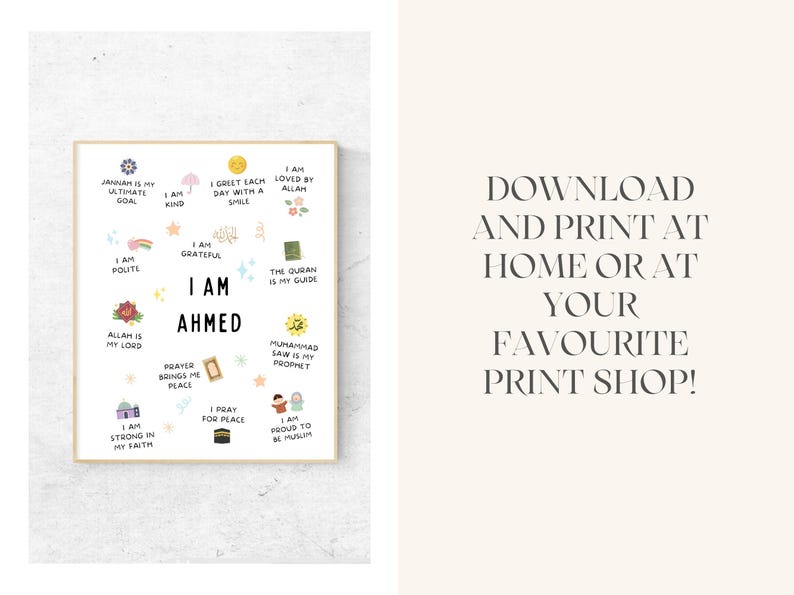 This Custom Islamic Affirmations for Kids printable Islamic  wall art is a wonderful addition to any muslim childs bedroom or playroom.