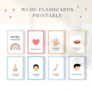 Wudu-flashcards, islamitische Wudu, afdrukbare Wudu-kaarten, Wudu-gids voor kinderen, wassinggids, Wudu leren, stap voor stap Wudu, islamitisch leren