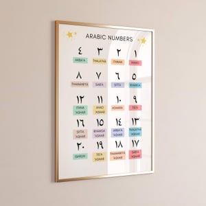 May include: A white poster with a gold frame displays Arabic numbers 1 through 20. The numbers are written in black with the corresponding Arabic word for each number written below in a colorful box. The title of the poster is "Arabic Numbers" in black text.