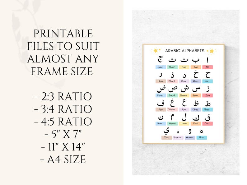 Teach your little ones the beauty of the Arabic language with this vibrant Arabic Alphabet Poster. This Arabic Letters Wall Art is perfect for any child's room or learning space, offering an engaging way to help them learn the Arabic alphabet.