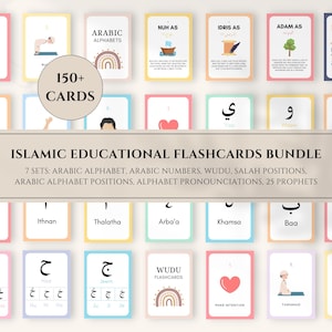 Bundle de cartes-éclair éducatives islamiques, Cartes-éclair de l'alphabet arabe, Chiffres arabes, Cartes-éclair du woudou, Cartes-éclair de la salah, Cartes-éclair des prophètes