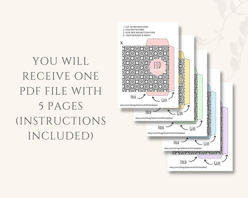 These beautiful Eidi envelopes printable are perfect for giving out Eidi to family members or kids! 5 lovely colors includes. Print as many copies as you like on printer paper or card stock. Simply print, cut and glue.