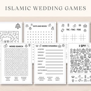 K&ouml;nnte beinhalten: Ein Satz druckbarer islamischer Hochzeitsspiele, darunter ein Labyrinth, eine Wortsuche, ein Wort-Scramble, Tic-Tac-Toe und Ich sehe, ich sehe. Die Spiele zeigen Illustrationen von Eheringen, Moscheen und anderen islamischen Symbolen.
