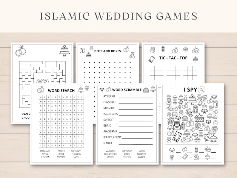 K&ouml;nnte beinhalten: Ein Satz druckbarer islamischer Hochzeitsspiele, darunter ein Labyrinth, eine Wortsuche, ein Wort-Scramble, Tic-Tac-Toe und Ich sehe, ich sehe. Die Spiele zeigen Illustrationen von Eheringen, Moscheen und anderen islamischen Symbolen.