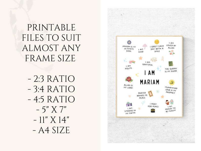This Custom Islamic Affirmations for Kids printable Islamic  wall art is a wonderful addition to any muslim childs bedroom or playroom.
