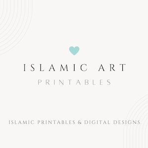 Pode incluir: Um gr&aacute;fico de cora&ccedil;&atilde;o azul claro com o texto "ISLAMIC ART PRINTABLES" e o slogan "ISLAMIC PRINTABLES & DIGITAL DESIGNS" em um fundo branco.