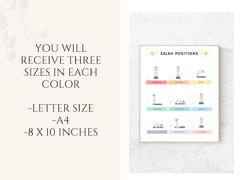 Help children and new learners understand the positions of Salah with this clear and beautifully designed Salah Position Poster. This educational Islamic wall art guides users through each step of the prayer/ Namaz.