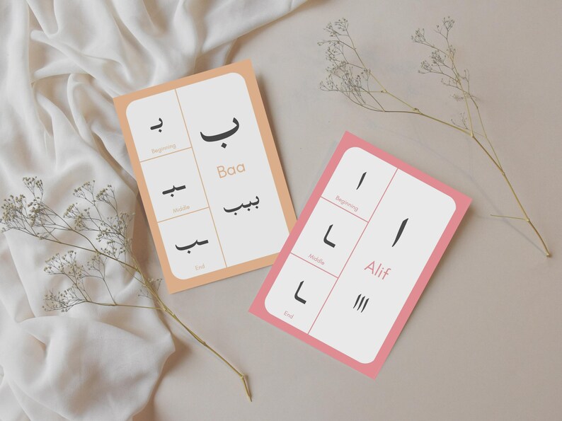 These printable Arabic Alphabet Flashcards are perfect for beginners and children to learn arabic letters and their position.