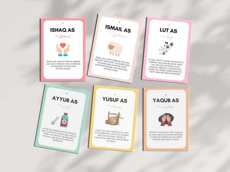 Make learning about the Prophets engaging with these Islamic Prophets Flashcards! These flashcards are a valuable Islamic educational tool to help children memorize and recognize the names and stories of the Prophets mentioned in the Quran.