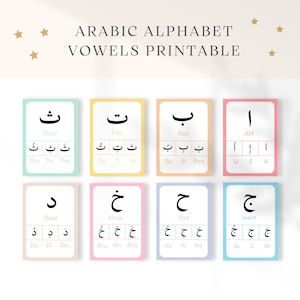 Op de afbeelding: Printbare flashcards met het Arabische alfabet met klinkers. Elke kaart heeft een andere letter in het zwart met de Engelse uitspraak en de letter met klinkers in een kleiner lettertype eronder. De kaarten zijn kleurgecodeerd met pastelkleuren.