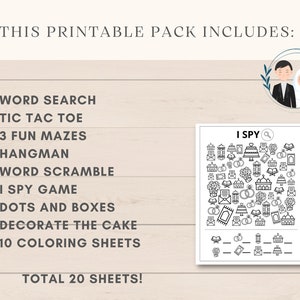 K&ouml;nnte beinhalten: Ein druckbares Paket mit 20 Aktivit&auml;tsbl&auml;ttern f&uuml;r Kinder, darunter ein Wortsuchspiel, Tic Tac Toe, Labyrinthe, Galgenm&auml;nnchen, ein Wort-Suchspiel, ein Ich-sehe-Spiel, Punkte und K&auml;stchen, Kuchen verzieren und Malvorlagen. Das Paket zeigt eine Schwarzwei&szlig;illustration eines Paares in traditioneller islamischer Hochzeitskleidung.