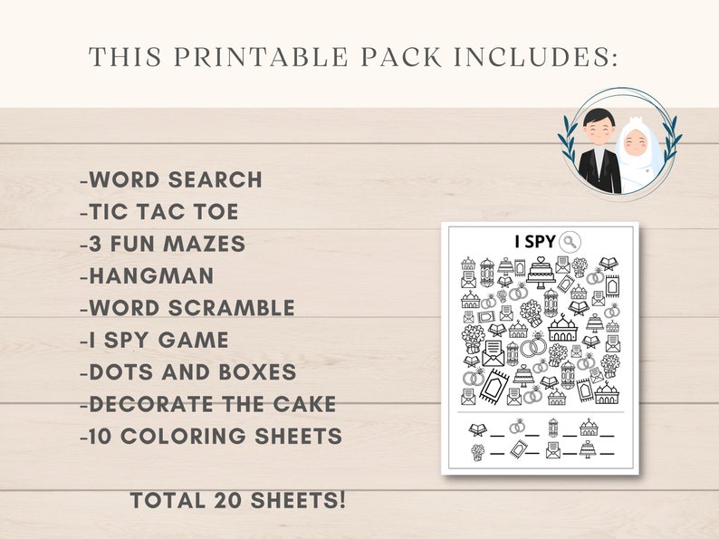 K&ouml;nnte beinhalten: Ein druckbares Paket mit 20 Aktivit&auml;tsbl&auml;ttern f&uuml;r Kinder, darunter ein Wortsuchspiel, Tic Tac Toe, Labyrinthe, Galgenm&auml;nnchen, ein Wort-Suchspiel, ein Ich-sehe-Spiel, Punkte und K&auml;stchen, Kuchen verzieren und Malvorlagen. Das Paket zeigt eine Schwarzwei&szlig;illustration eines Paares in traditioneller islamischer Hochzeitskleidung.