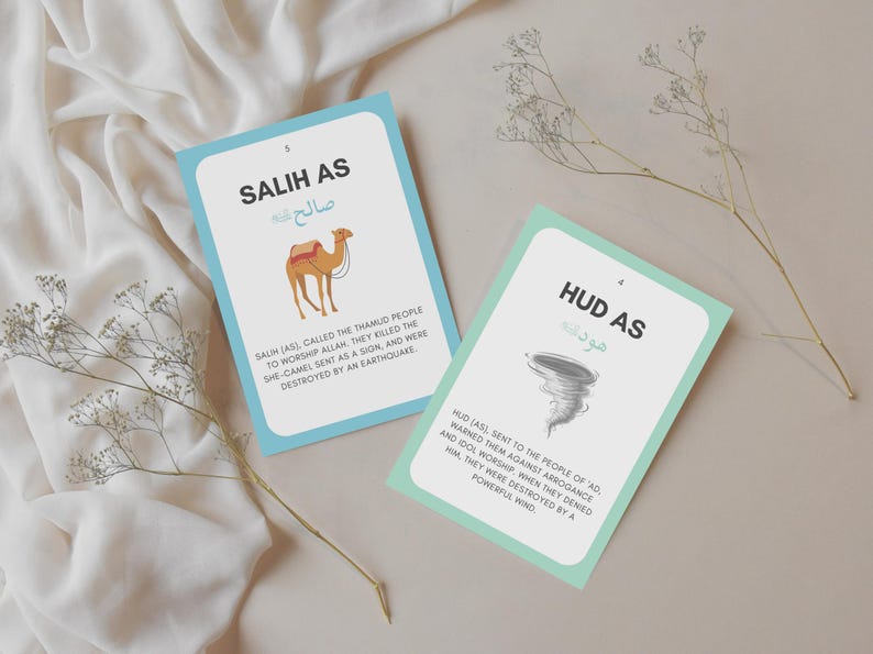 Make learning about the Prophets engaging with these Islamic Prophets Flashcards! These flashcards are a valuable Islamic educational tool to help children memorize and recognize the names and stories of the Prophets mentioned in the Quran.