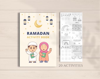May include: A Ramadan Activity Book with a cartoon illustration of a boy and girl waving, holding books. The cover features a crescent moon, stars, and lanterns. The book includes 20 activities, with additional pages for coloring and games.
