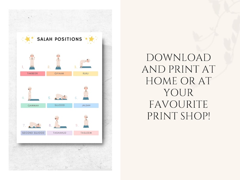 Help children and new learners understand the positions of Salah with this clear and beautifully designed Salah Position Poster. This educational Islamic wall art guides users through each step of the prayer/ Namaz.