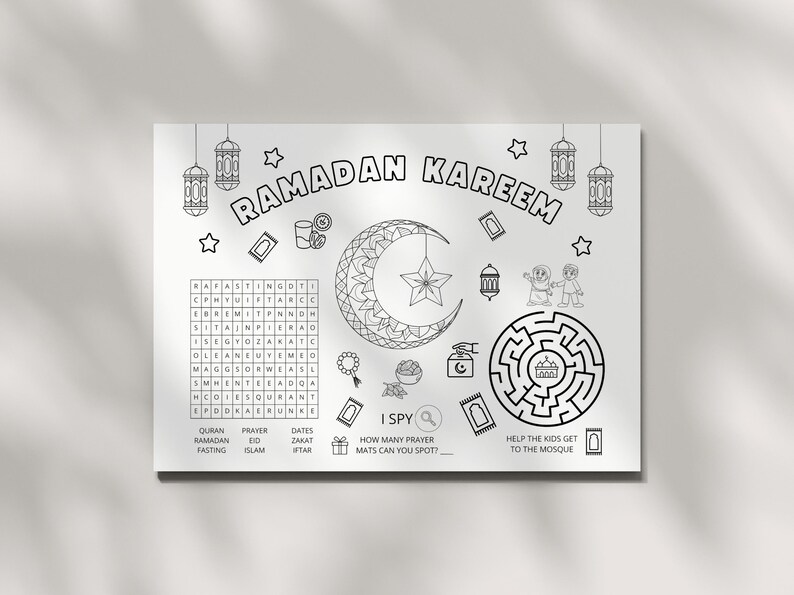 This Ramadan Activity Placemat is a perfect way to keep kids engaged on Iftar table. The PDF has fun Ramadan games and coloring. Print as many as you like.
