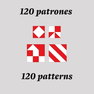 Könnte beinhalten: Vier rote und weiße geometrische Muster, jedes in einem Quadrat. Der Text "120 patrones" befindet sich über den Mustern, und der Text "120 patterns" befindet sich unter den Mustern.
