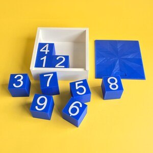 Pode incluir: Uma caixa de madeira branca com blocos de números azuis e uma peça de quebra-cabeça quadrada azul sobre um fundo amarelo. Os blocos são numerados de 1 a 9. Os blocos estão dispostos dentro e ao redor da caixa.