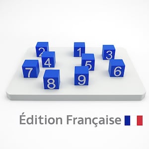 May include: Nine blue number cubes with white numerals are arranged on a white rectangular base. The cubes are numbered 1 through 9. The text "Édition Française" is below the cubes, along with the French flag.