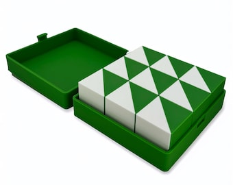 Kohs cubes with optional matching box. 9 green and white plastic cubes. For psychology professionals. WAIS, WISC, and Wechsler tests.